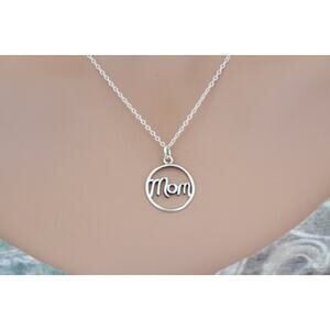 Sterling Silver Mom Charm in Cursive Script Necklace